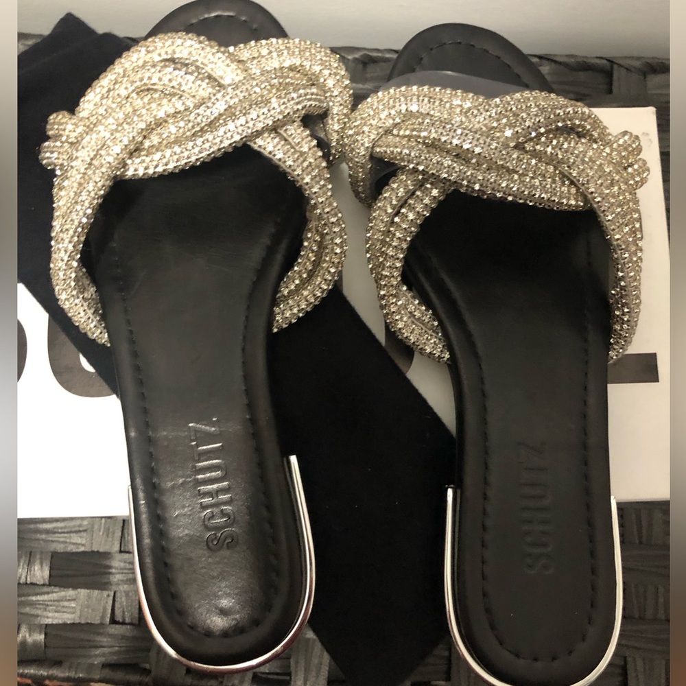 Schutz black crystal sandals.
